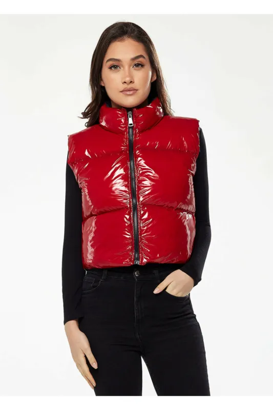 Liquorish Wet Look Gilet In Red made by Goddiva