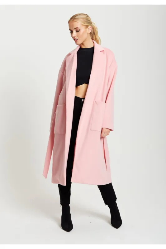 Belted Longline Coat In Pink by Liquorish sold by Goddiva