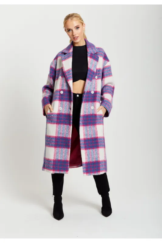 Longline Coat In Pink And Navy Checks by Liquorish sold by Goddiva