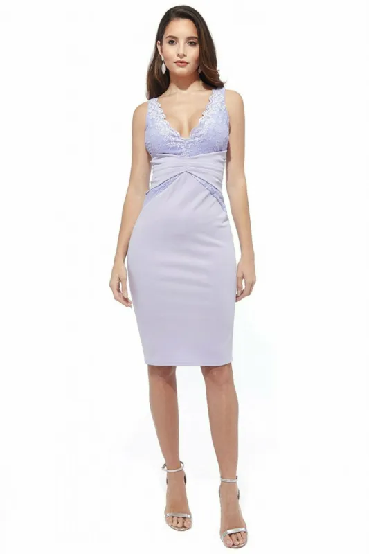 City Goddess Pleated Waist Lace Inserted Midi Dress - Lilac sold by Goddiva