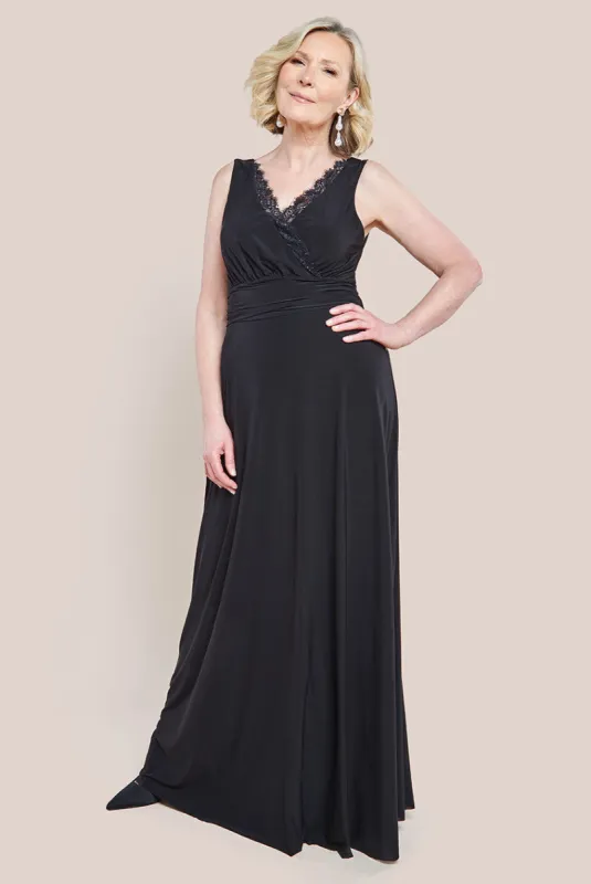 Diamante & Scalloped Lace Neck Maxi Dress - Black by Goddiva sold by Goddiva