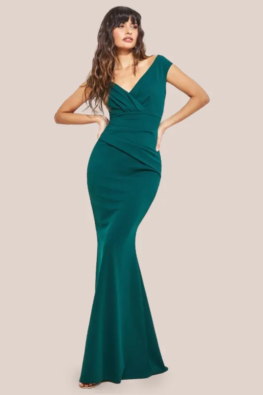 Bardot Pleated Maxi Dress - EmeraldGreen by Goddiva sold by Goddiva