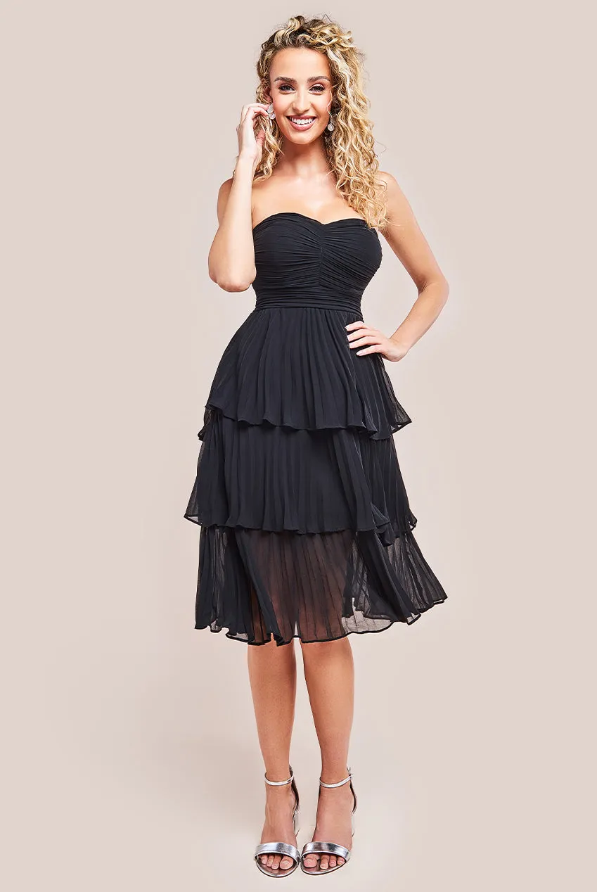Pleated Bandeau Bodice Chiffon Tiered Midi - Black by Goddiva sold by Goddiva
