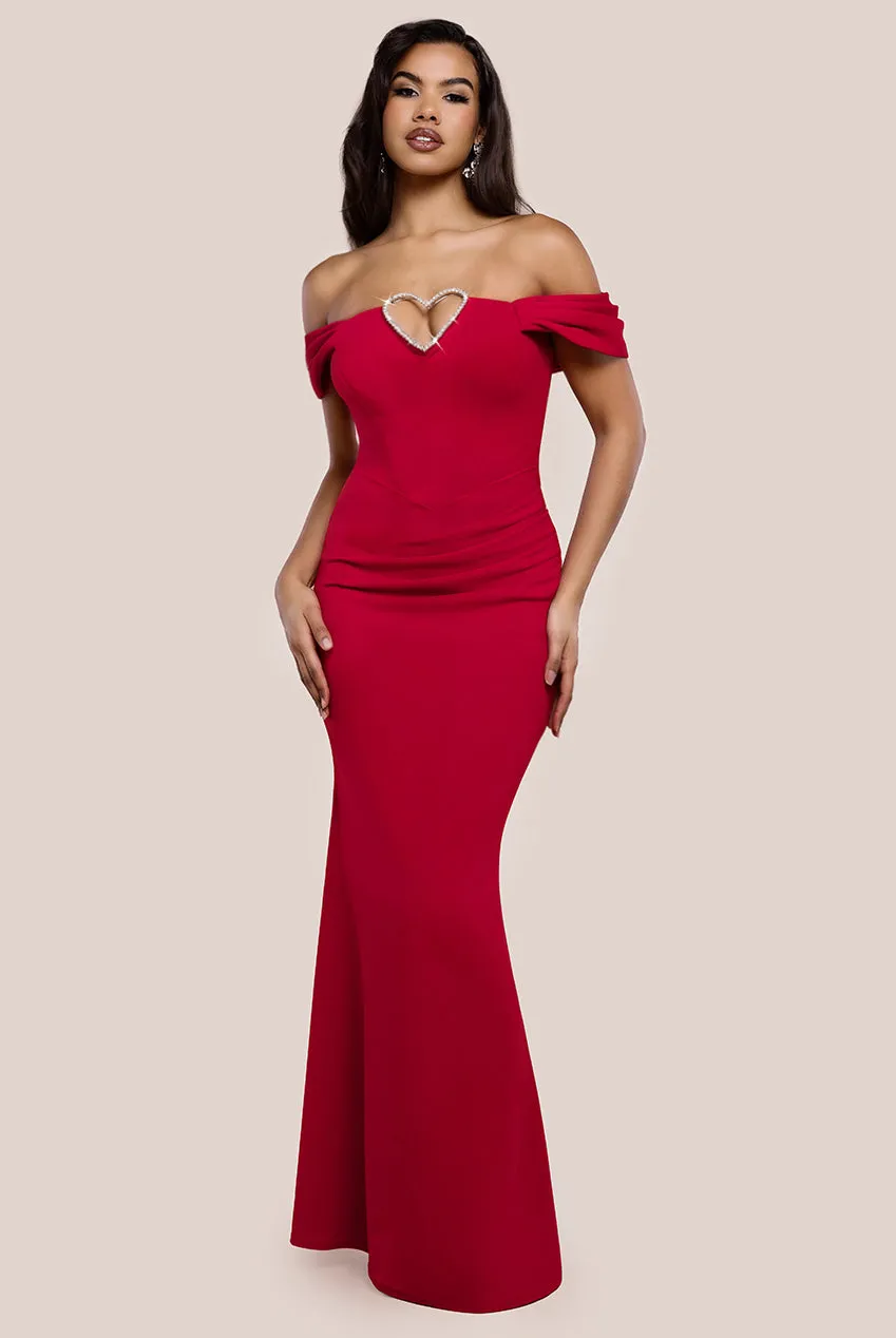 Diamante Heart Trim Evening Maxi Dress - Red by Goddiva sold by Goddiva