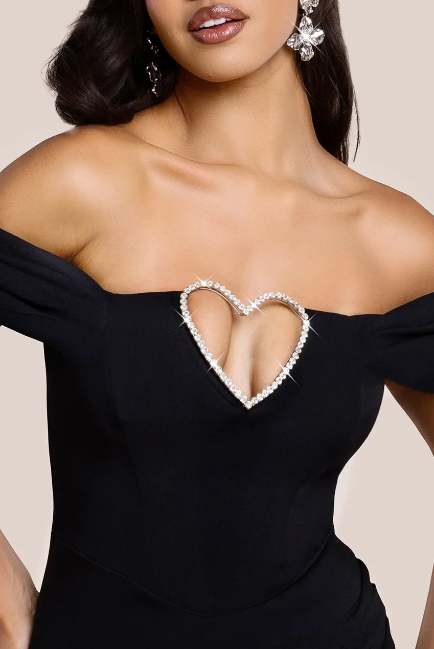 Diamante Heart Trim Evening Maxi Dress - Black by Goddiva sold by Goddiva