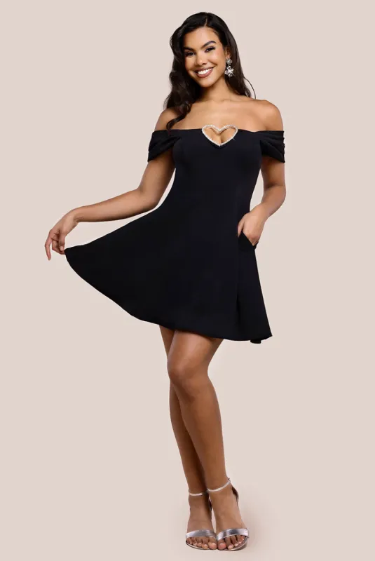 Diamante Heart Trim A-Line Mini Dress - Black by Goddiva sold by Goddiva