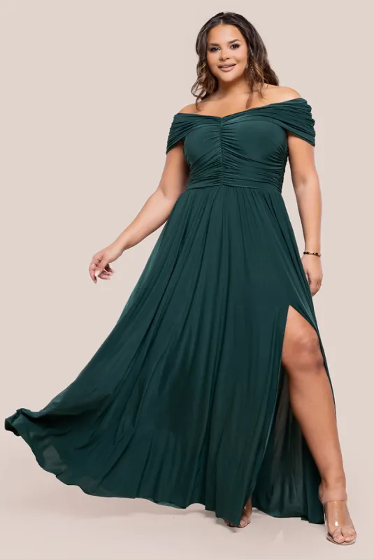 Gathered Bardot Bodice Front Split Maxi Dress - Emerald Green by Goddiva Plus sold by Goddiva