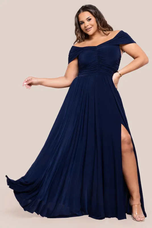 Gathered Bardot Bodice Front Split Maxi Dress - Navy Blue by Goddiva Plus sold by Goddiva