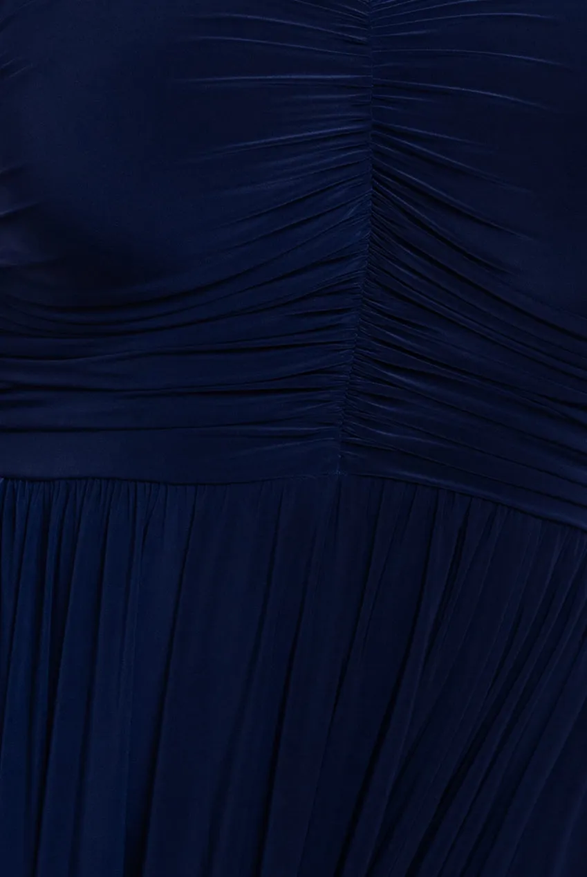 Gathered Bardot Bodice Front Split Maxi Dress - Navy Blue by Goddiva Plus sold by Goddiva product image thumbnail 4