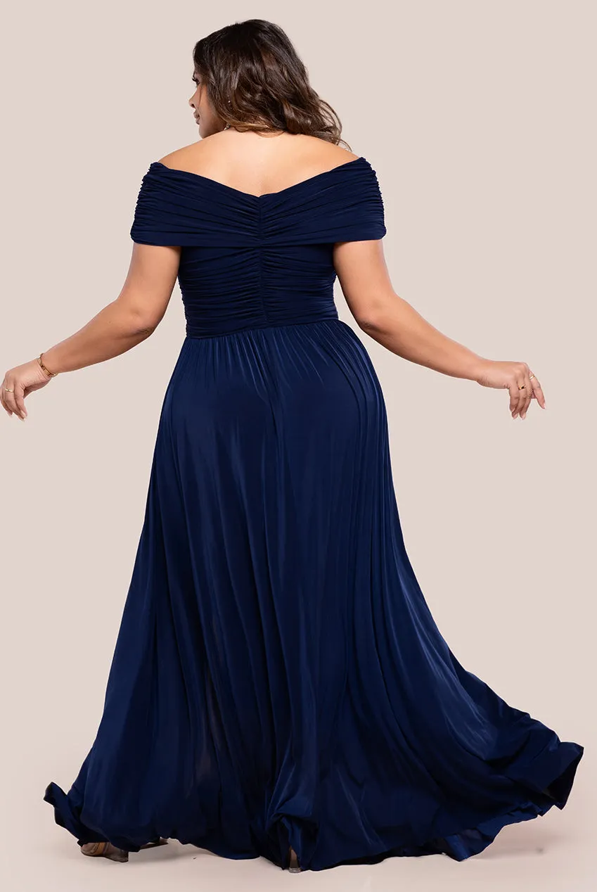 Gathered Bardot Bodice Front Split Maxi Dress - Navy Blue by Goddiva Plus sold by Goddiva product image thumbnail 2