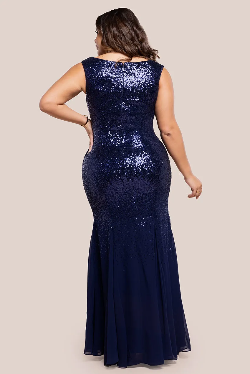 Goddiva Plus Chiffon & Sequin Embroidered Bardot Maxi Dress - Navy Blue sold by Goddiva product image thumbnail 2