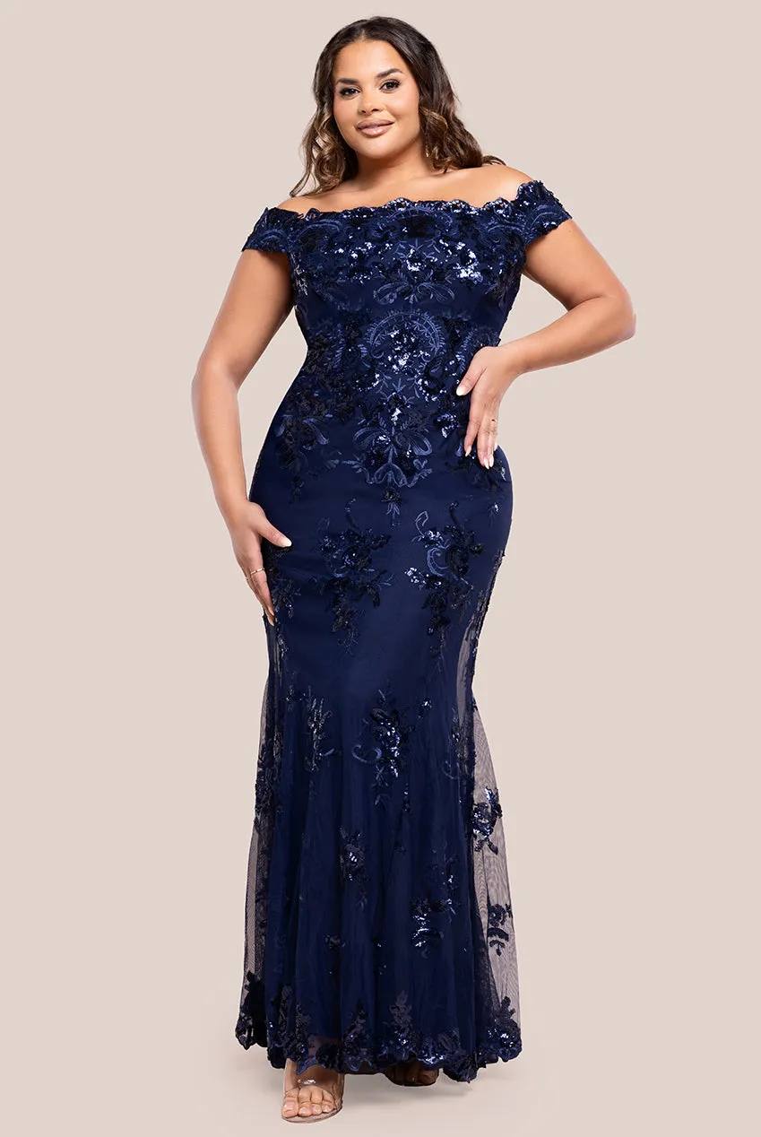 Bardot Sequin Embroidered Maxi Dress - Navy Blue by Goddiva Plus sold by Goddiva