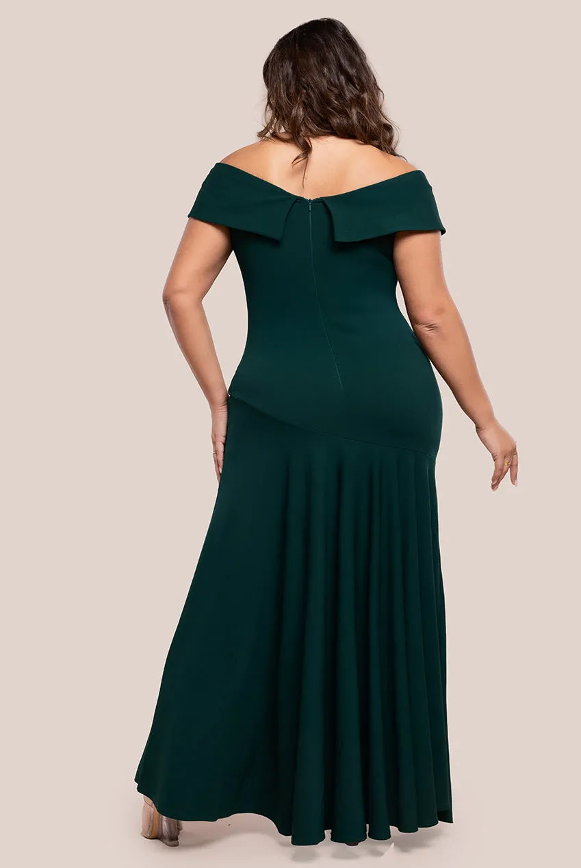 Scuba Crepe Off Shoulder Front Split Maxi Dress - Emerald Green by Goddiva Plus sold by Goddiva product image thumbnail 2