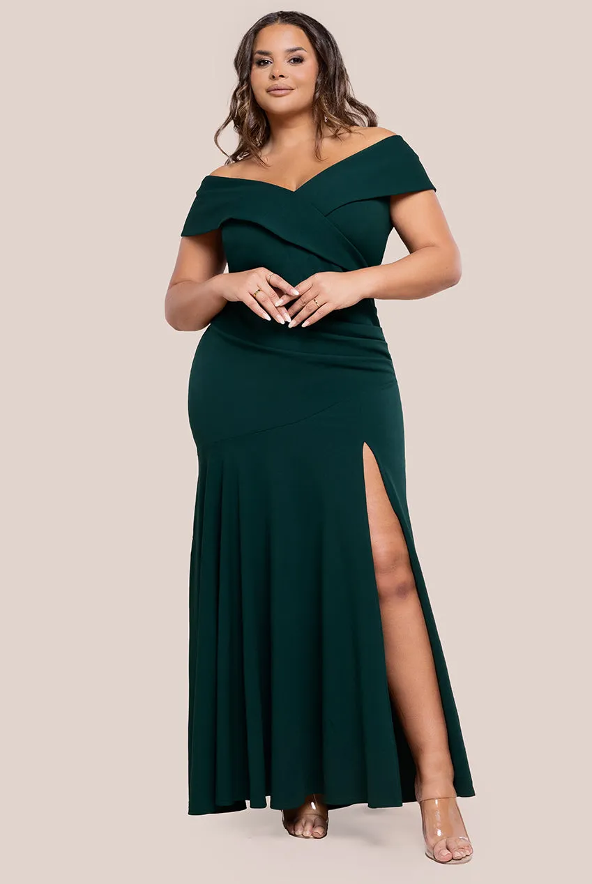 Scuba Crepe Off Shoulder Front Split Maxi Dress - Emerald Green by Goddiva Plus sold by Goddiva