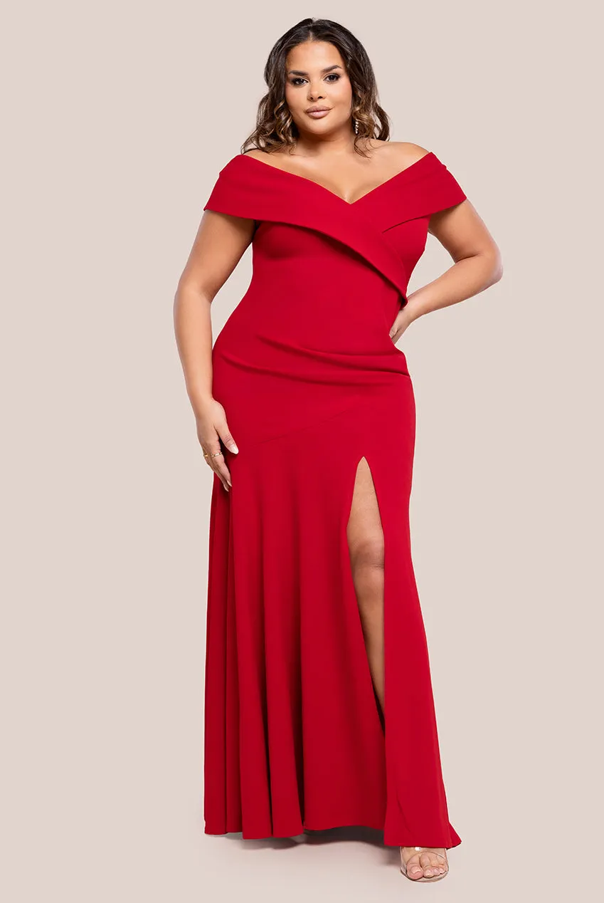 Scuba Crepe Off Shoulder Front Split Maxi Dress - Red by Goddiva Plus sold by Goddiva