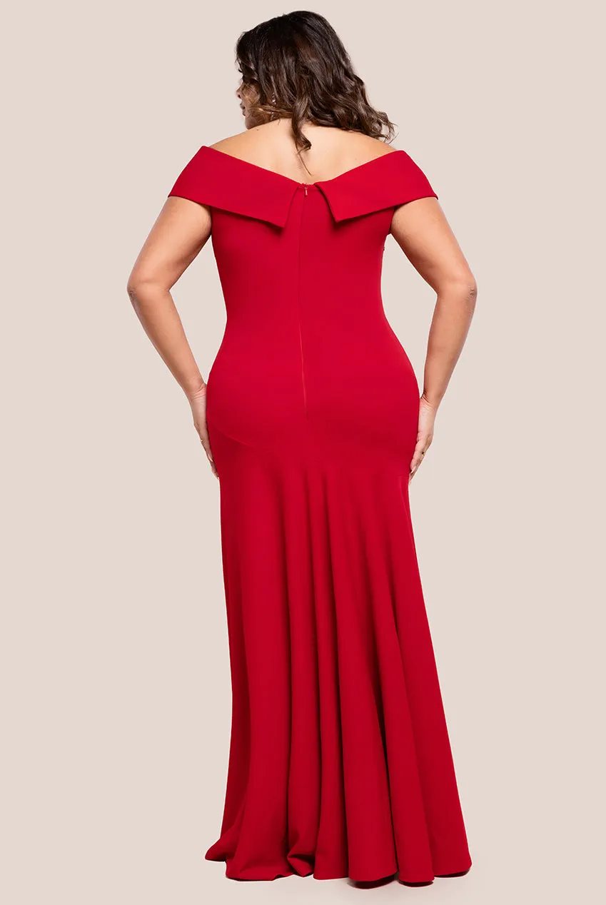 Scuba Crepe Off Shoulder Front Split Maxi Dress - Red by Goddiva Plus sold by Goddiva product image thumbnail 2