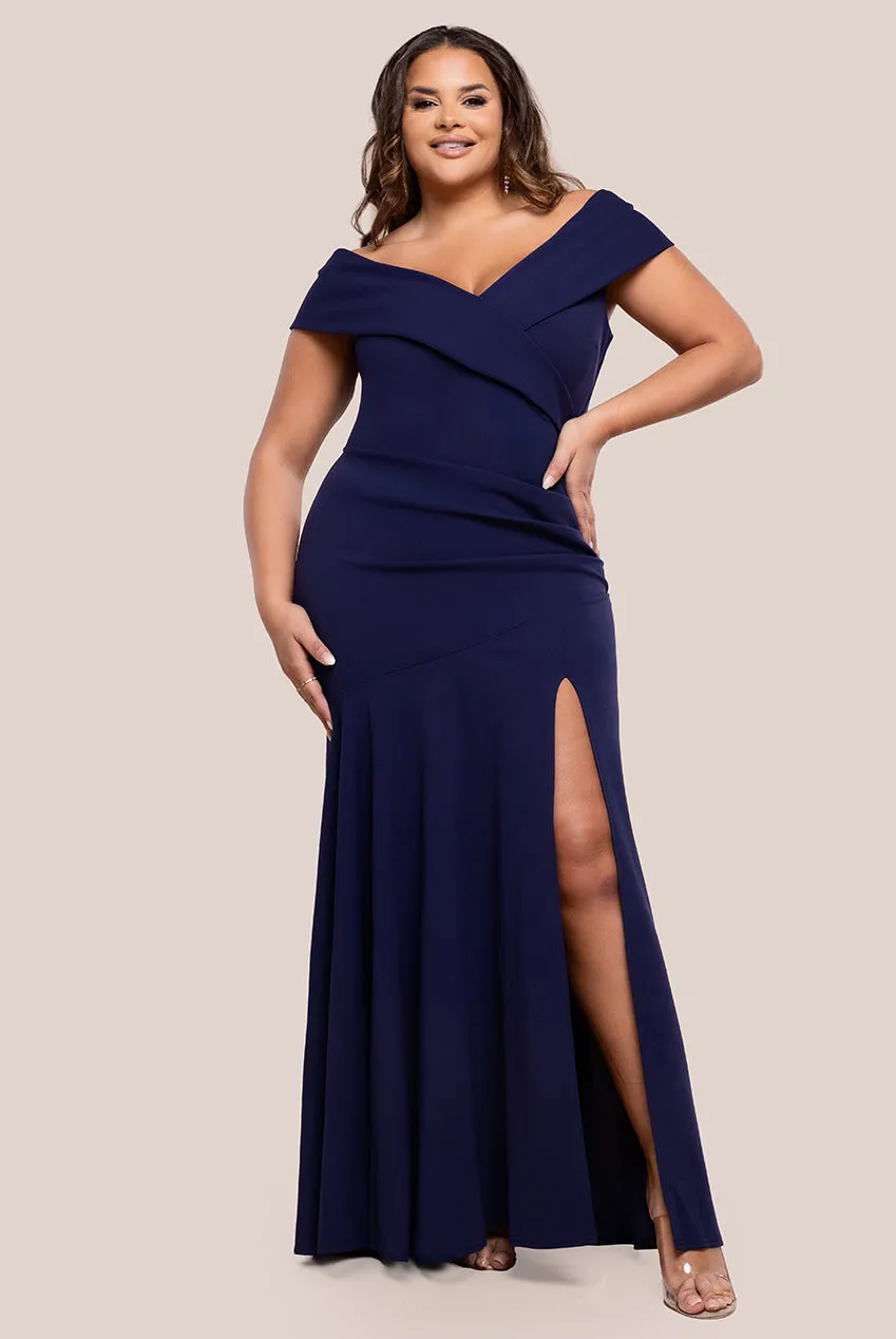 Scuba Crepe Off Shoulder Front Split Maxi Dress - Navy Blue by Goddiva Plus sold by Goddiva