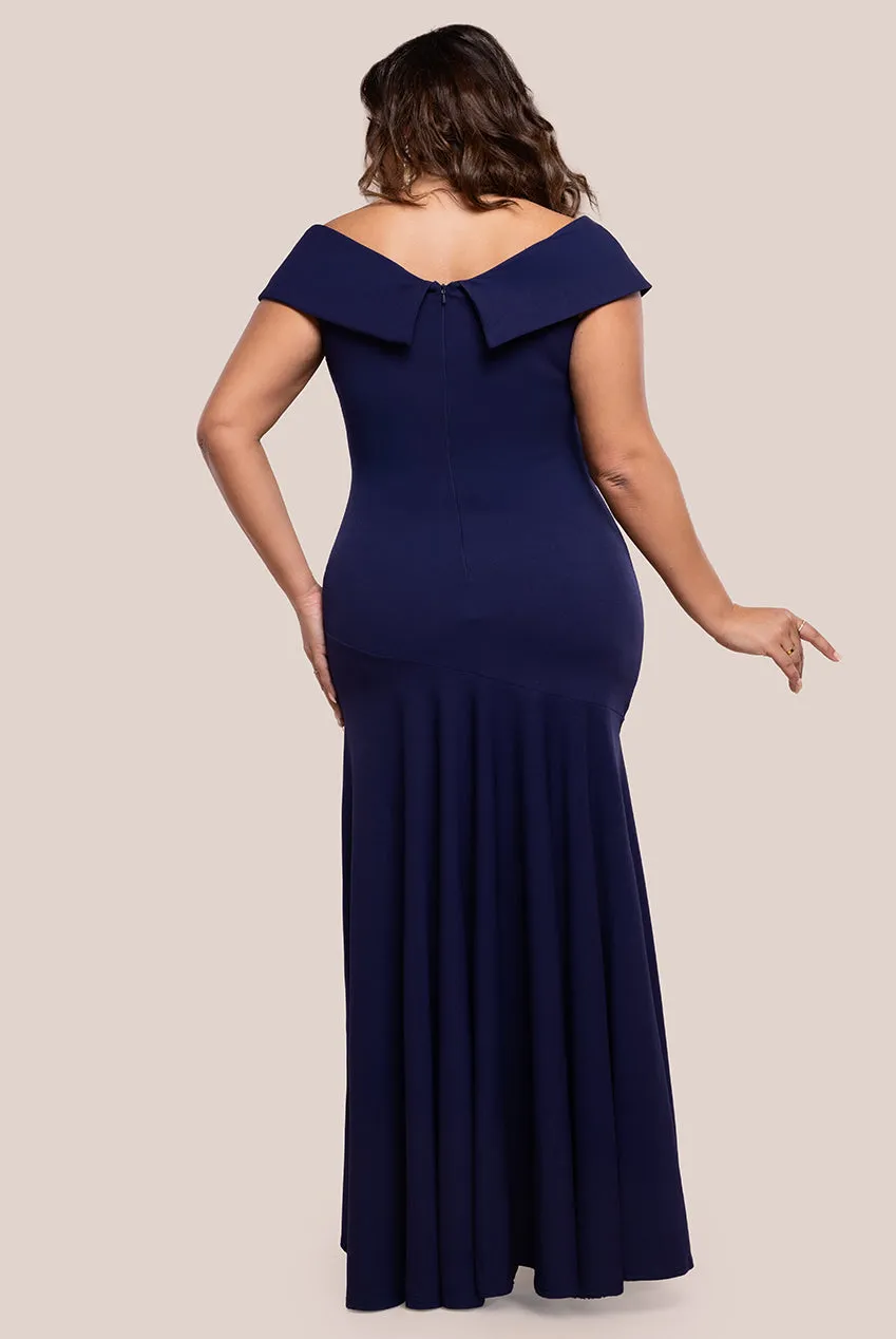 Scuba Crepe Off Shoulder Front Split Maxi Dress - Navy Blue by Goddiva Plus sold by Goddiva product image thumbnail 2