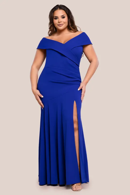 Scuba Crepe Off Shoulder Front Split Maxi Dress - Royal Blue by Goddiva Plus sold by Goddiva