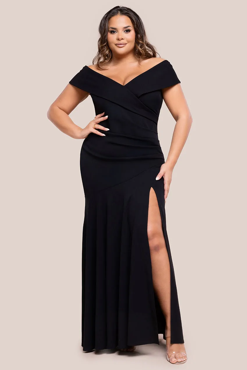 Scuba Crepe Off Shoulder Front Split Maxi Dress - Black by Goddiva Plus sold by Goddiva
