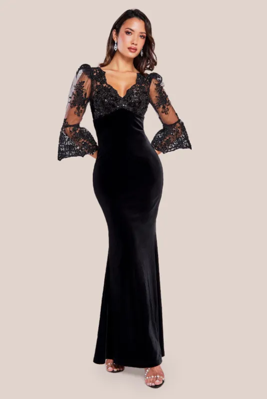 Scalloped Lace & Velvet Maxi Dress - Solid Black by Goddiva sold by Goddiva