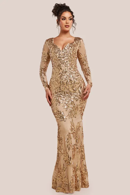 Sequin Leaf Long Sleeve Maxi Dress - Gold by Goddiva sold by Goddiva