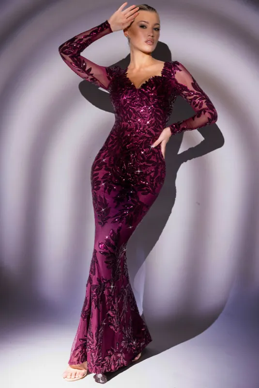 Sequin Leaf Long Sleeve Maxi Dress - Burgundy by Goddiva sold by Goddiva