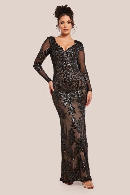 Sequin Leaf Long Sleeve Maxi Dress - Black by Goddiva sold by Goddiva