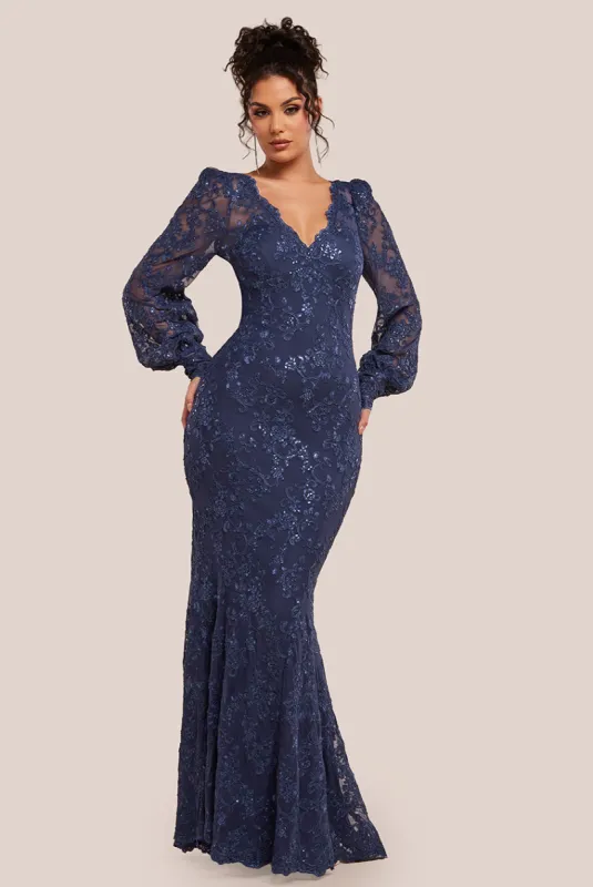 Embroidered Lace Scalloped Edge Maxi Dress - Navy Blue by Goddiva sold by Goddiva