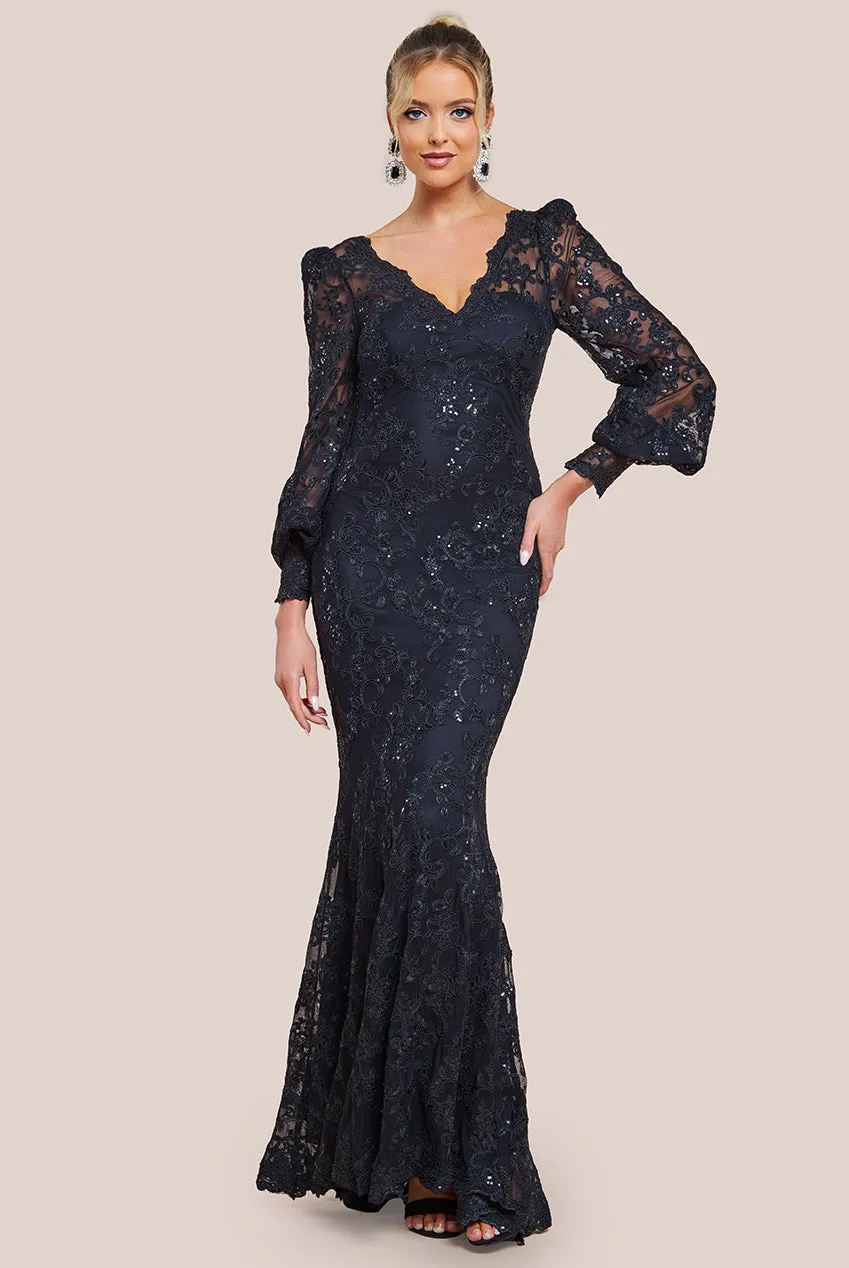 Embroidered Lace Scalloped Edge Maxi Dress - Black by Goddiva sold by Goddiva