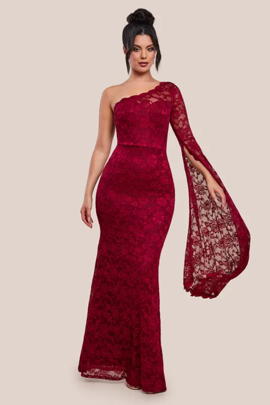 One Shoulder Scalloped Neck Maxi Dress - Wine by Goddiva sold by Goddiva
