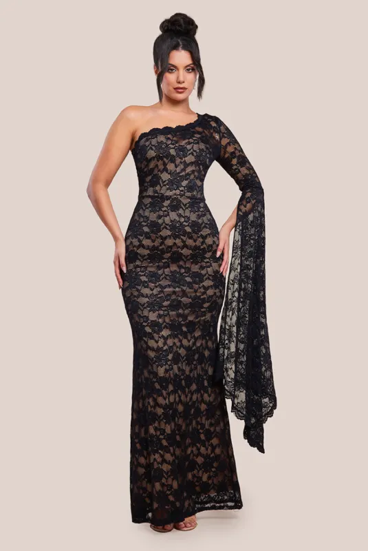 One Shoulder Scalloped Neck Maxi Dress - Black by Goddiva sold by Goddiva