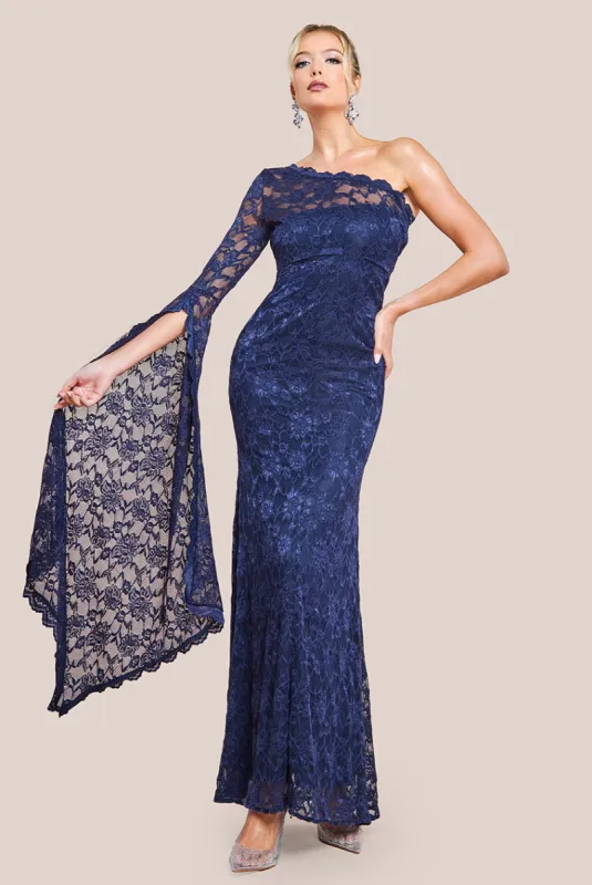 One Shoulder Scalloped Neck Maxi Dress - Navy Blue by Goddiva sold by Goddiva