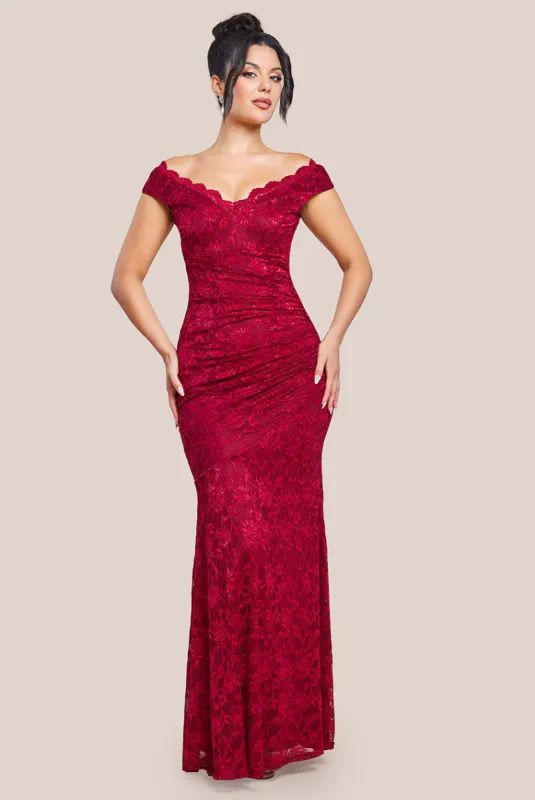 Off The Shoulder Scalloped Neck Maxi Dress - Wine by Goddiva sold by Goddiva
