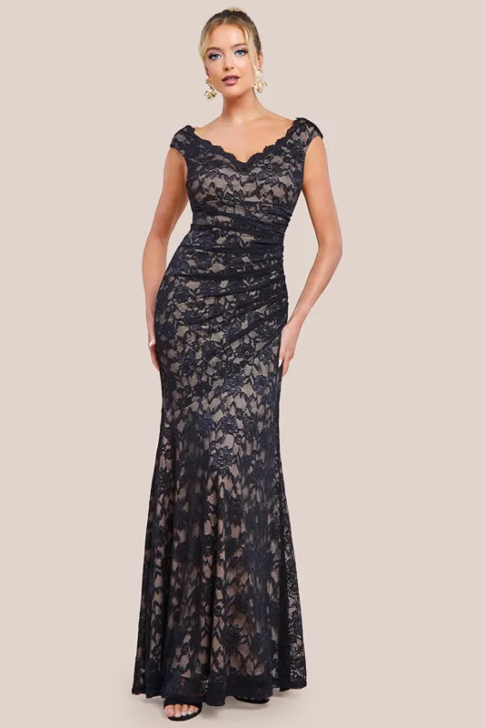 Off The Shoulder Scalloped Neck Maxi Dress - Black by Goddiva sold by Goddiva