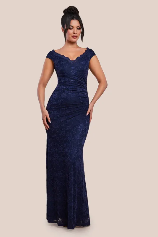 Off The Shoulder Scalloped Neck Maxi Dress - Navy Blue by Goddiva sold by Goddiva