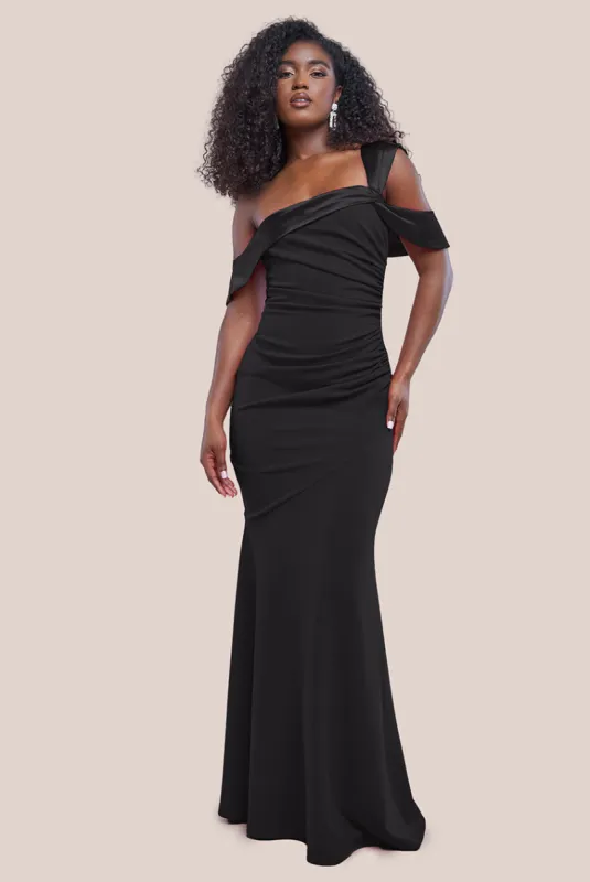One Shoulder Satin Band Maxi Dress - Black by Goddiva sold by Goddiva