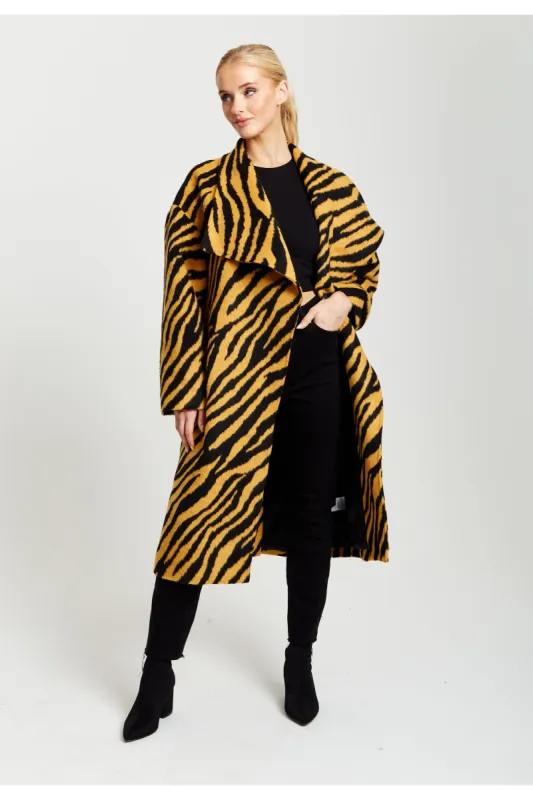 Liquorish Zebra Print Longline Coat In Mustard And Black sold by Goddiva