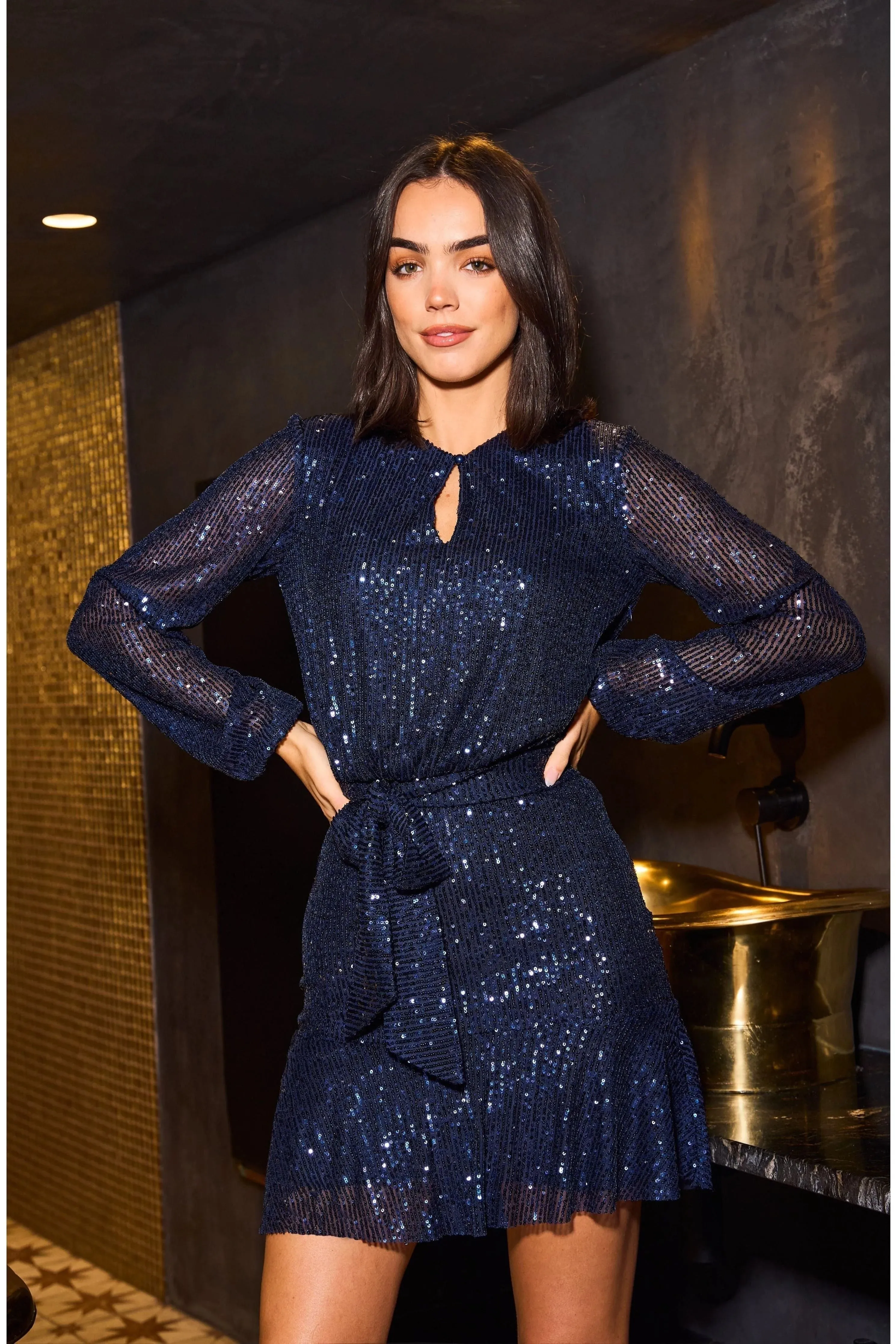 Sequin Skater Dress With Long Sleeve by Urban Touch sold by Goddiva