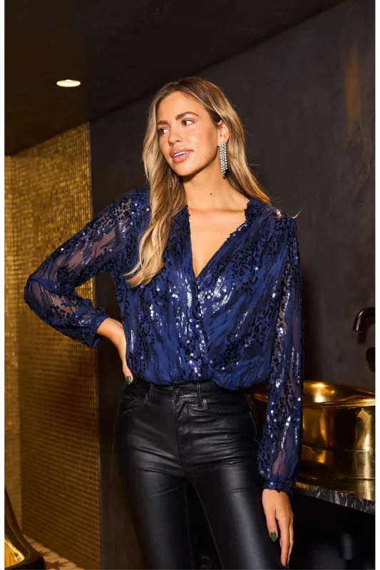Sequin Wrap Bodysuit With Long Sleeve by Urban Touch sold by Goddiva