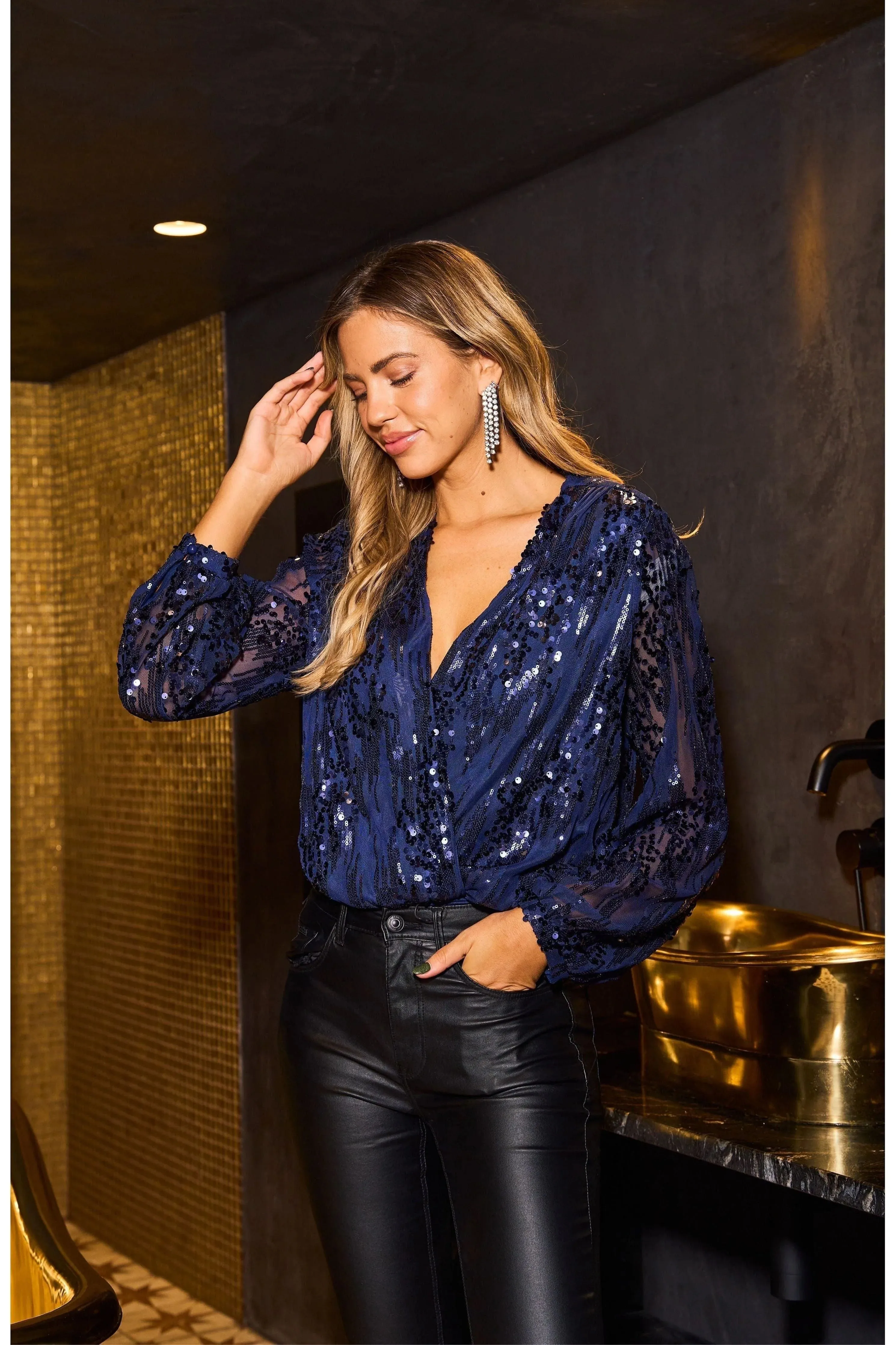 Sequin Wrap Bodysuit With Long Sleeve by Urban Touch sold by Goddiva product image thumbnail 4