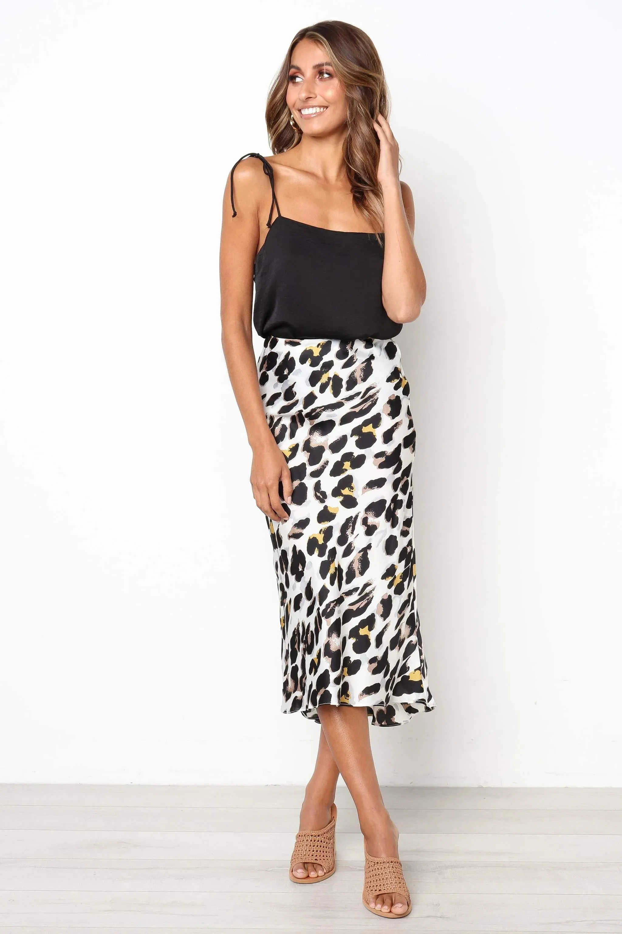 Satin Leopard Print Midi Slip Skirt by Urban Touch sold by Goddiva