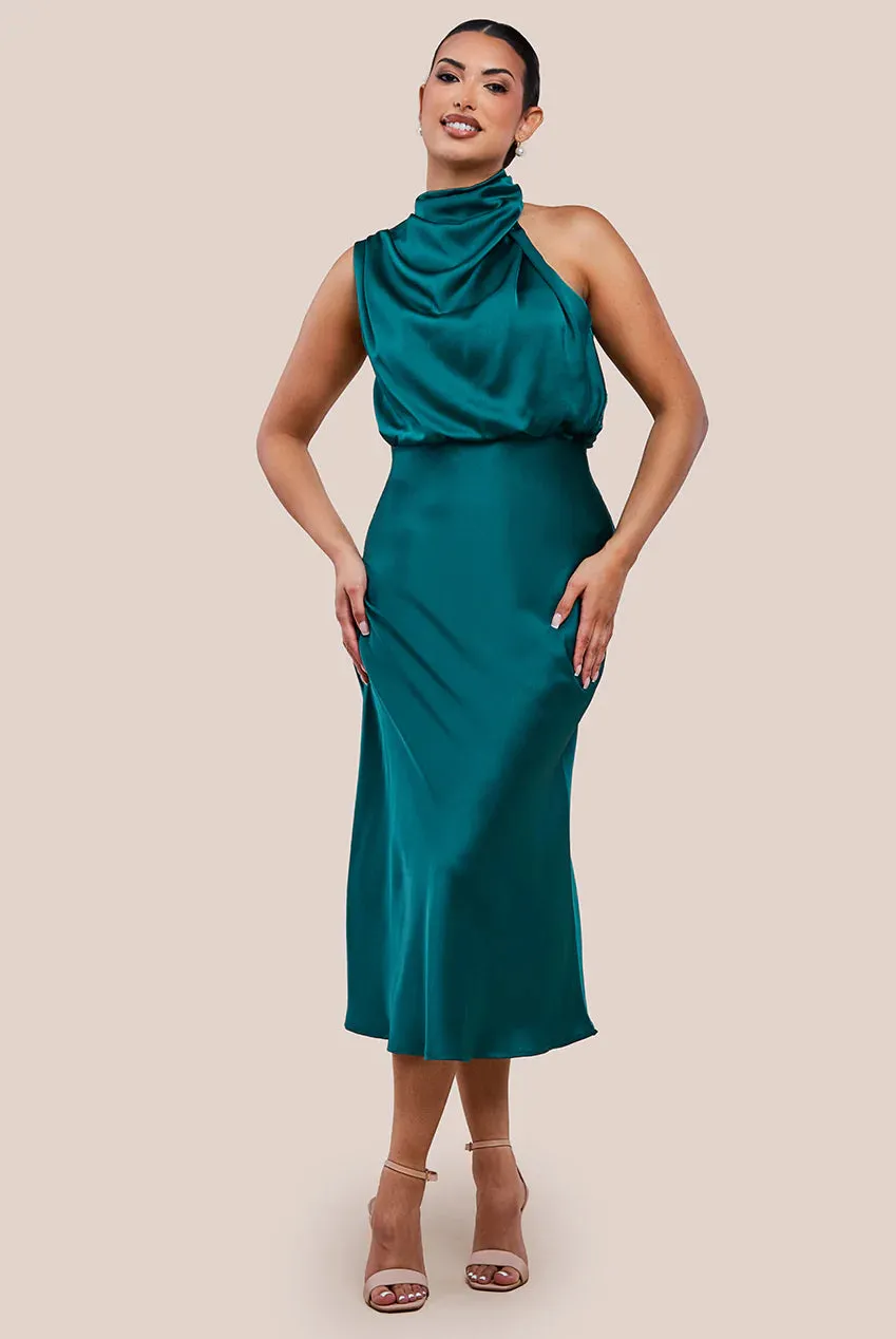 Ruched Asymmetric High Neck Satin Midi Dress by Urban Touch sold by Goddiva