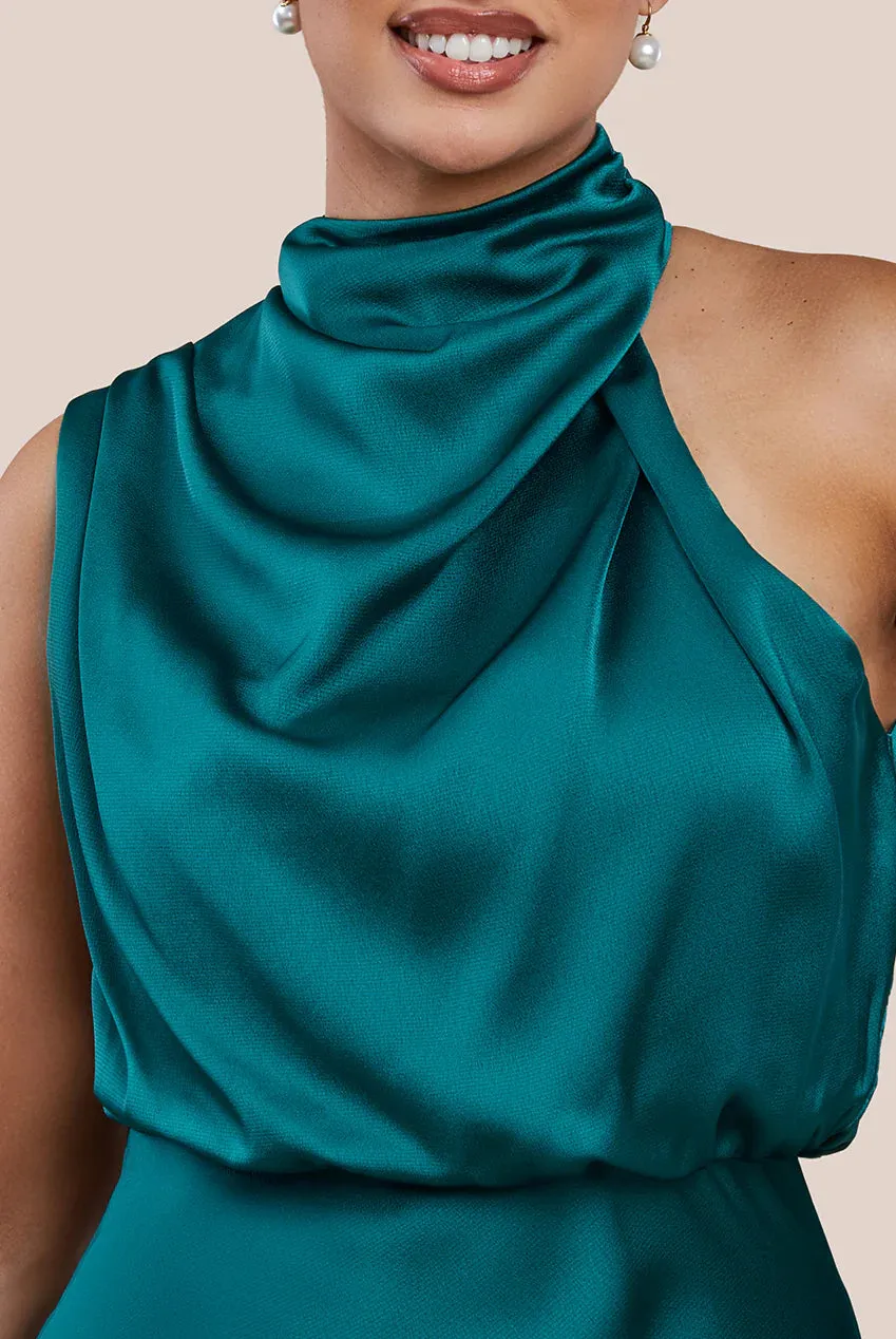 Ruched Asymmetric High Neck Satin Midi Dress by Urban Touch sold by Goddiva product image thumbnail 2