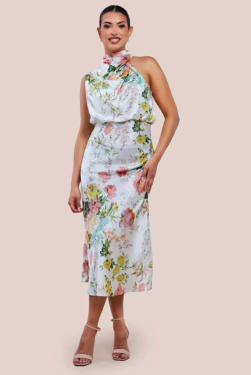 Ruched Asymmetric High Neck Satin Midi Dress by Urban Touch sold by Goddiva