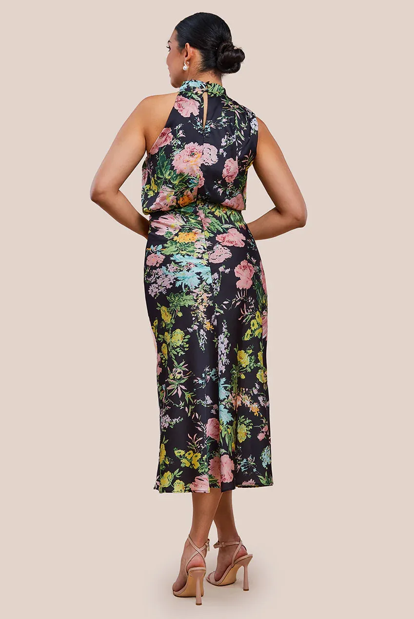 Ruched Asymmetric High Neck Satin Midi Dress by Urban Touch sold by Goddiva product image thumbnail 3