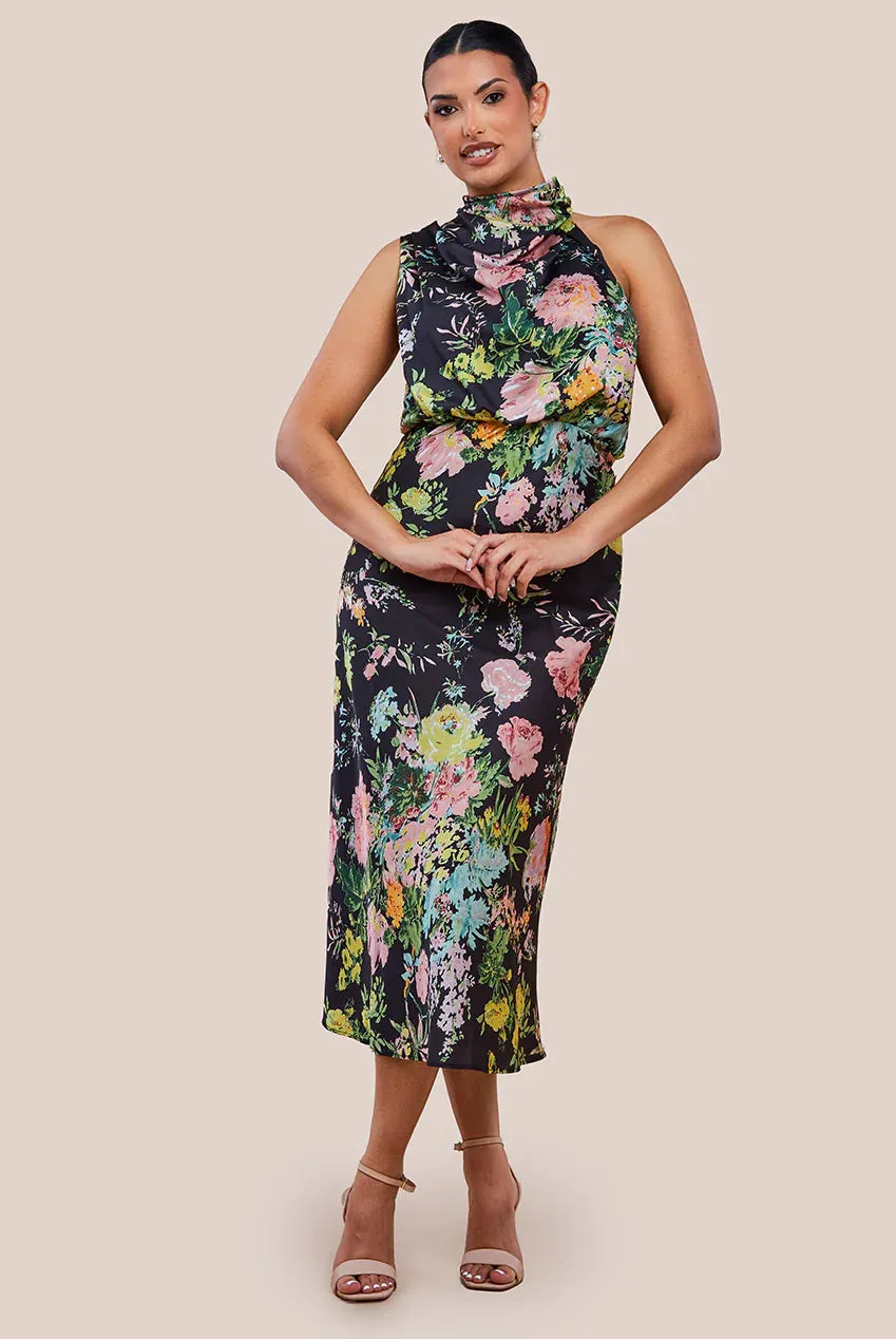 Ruched Asymmetric High Neck Satin Midi Dress by Urban Touch sold by Goddiva