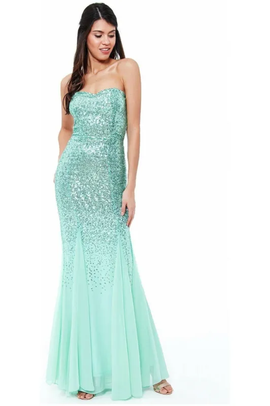 Goddiva Bandeau Sequin & Chiffon Maxi With Scarf - Mint sold by Goddiva