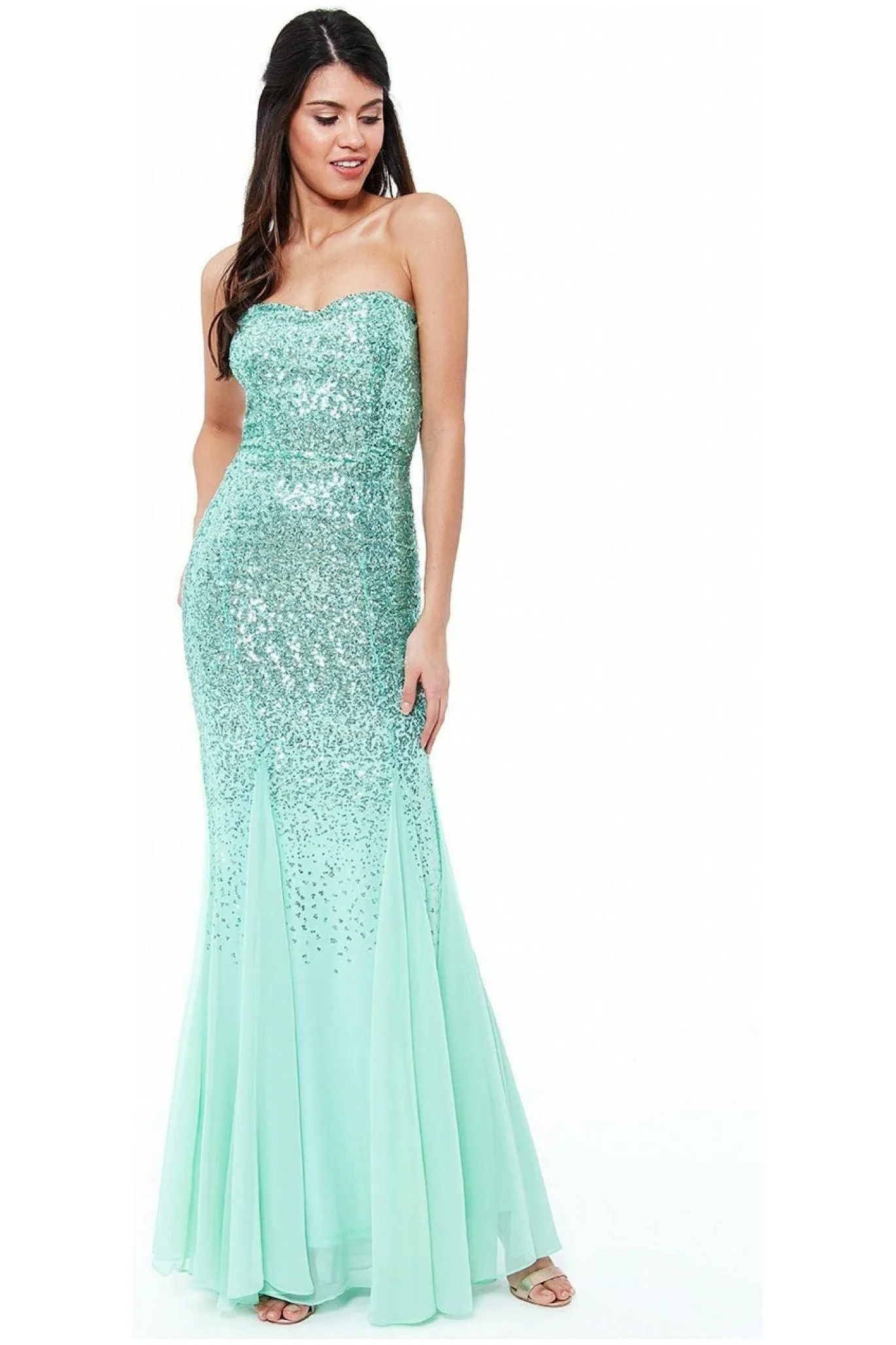 Goddiva Bandeau Sequin & Chiffon Maxi With Scarf - Mint sold by Goddiva