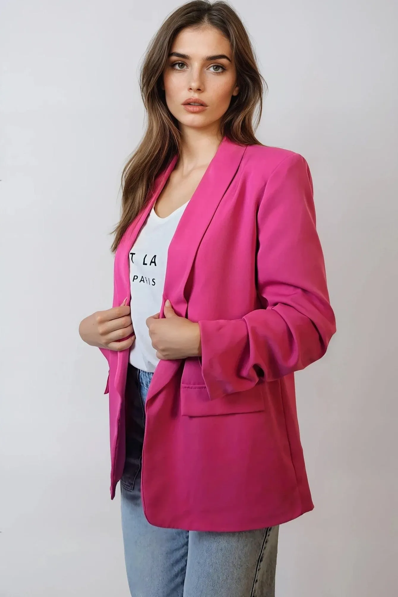 Fuchsia Blazer With Ruched Sleeves by Aftershock London sold by Goddiva